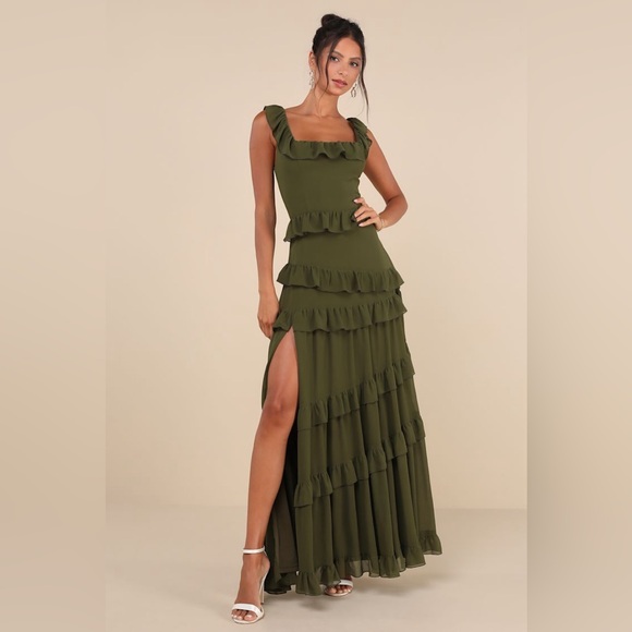 Lulus Dresses & Skirts - NWT Lulus Compelling Romantic Olive Green Ruffled Tiered Maxi Dress